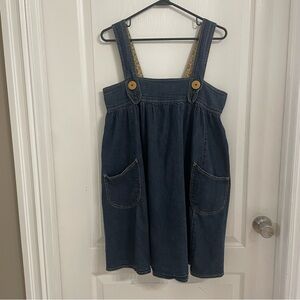 Rewind Oversized Blue Denim Overall Dress Pockets Decorative Buttons Size 9